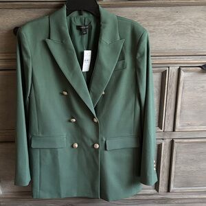 Ann Taylor Green Tone Double-Breasted Blazer with Gold Buttons